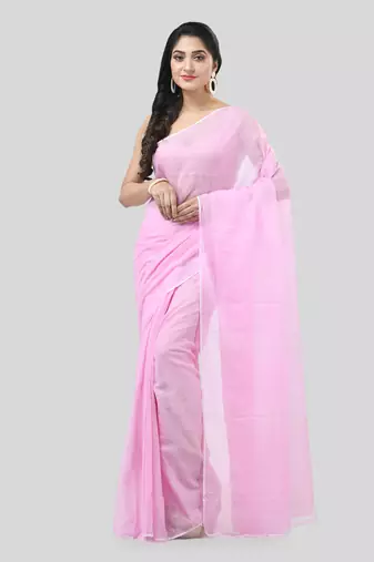 Pink Woven Cotton Solid Handloom-Sarees Without Blouse Piece