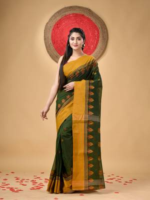 Green Woven Cotton Leaves Handloom-Sarees Without Blouse Piece 1