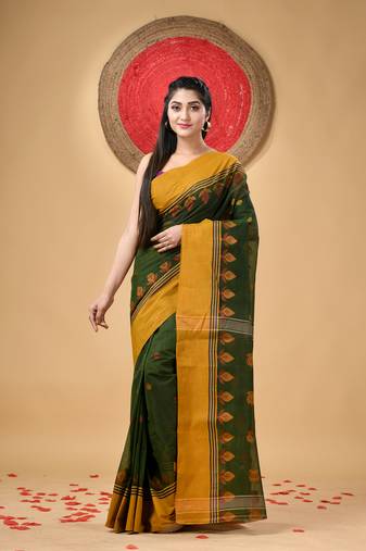 Green Woven Cotton Leaves Handloom-Sarees Without Blouse Piece