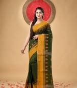 Green Woven Cotton Leaves Handloom-Sarees Without Blouse Piece