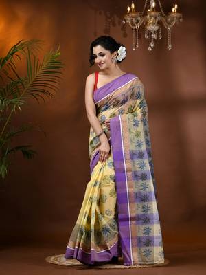 Purple woven cotton printed handloom-sarees with blouse piece 1