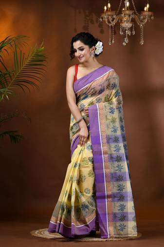 Purple woven cotton printed handloom-sarees with blouse piece