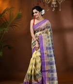 Purple woven cotton printed handloom-sarees with blouse piece