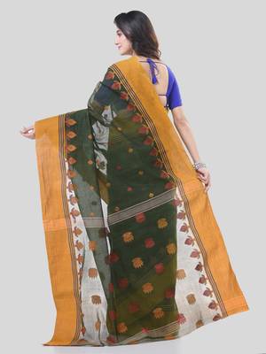 Green Woven Cotton Leaves Handloom-Sarees Without Blouse Piece 2