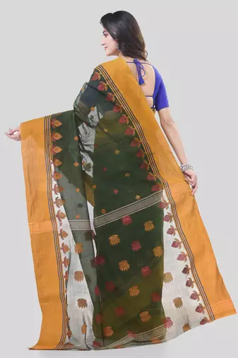 Green Woven Cotton Leaves Handloom-Sarees Without Blouse Piece