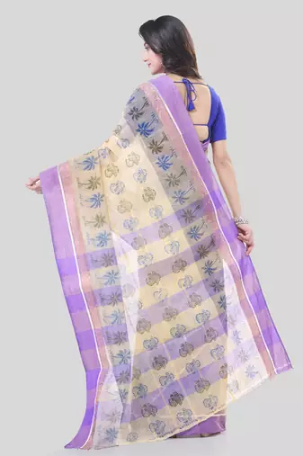 Purple woven cotton printed handloom-sarees with blouse piece