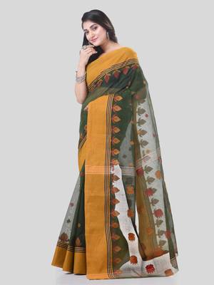Green Woven Cotton Leaves Handloom-Sarees Without Blouse Piece 3