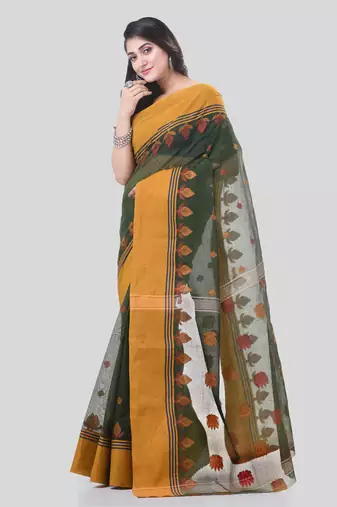 Green Woven Cotton Leaves Handloom-Sarees Without Blouse Piece