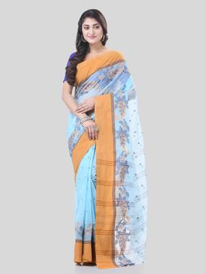 Blue Woven Cotton Paisley Handloom-Sarees Without Blouse Piece 5