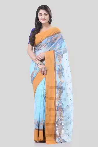 Blue Woven Cotton Paisley Handloom-Sarees Without Blouse Piece