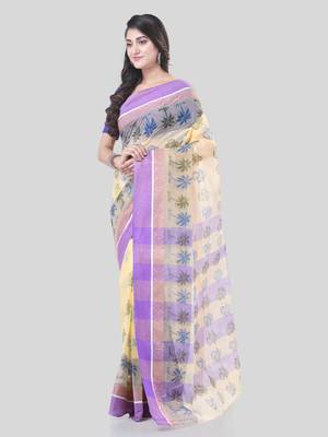 Purple woven cotton printed handloom-sarees with blouse piece 3
