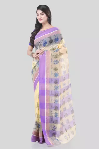 Purple woven cotton printed handloom-sarees with blouse piece