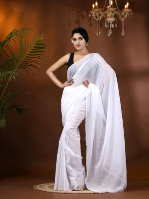 White Woven Cotton Solid Handloom-Sarees Without Blouse Piece 1