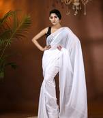 White Woven Cotton Solid Handloom-Sarees Without Blouse Piece