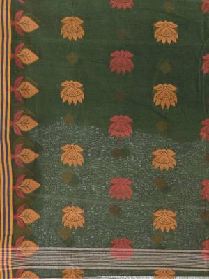 Green Woven Cotton Leaves Handloom-Sarees Without Blouse Piece 4