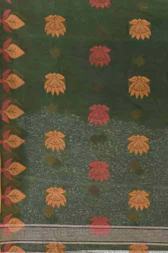 Green Woven Cotton Leaves Handloom-Sarees Without Blouse Piece