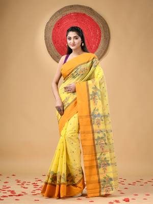 Yellow Woven Cotton Paisley Handloom-Sarees Without Blouse Piece 1