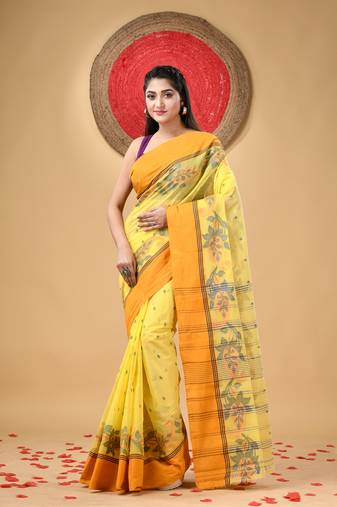Yellow Woven Cotton Paisley Handloom-Sarees Without Blouse Piece