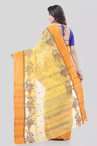 Yellow Woven Cotton Paisley Handloom-Sarees Without Blouse Piece