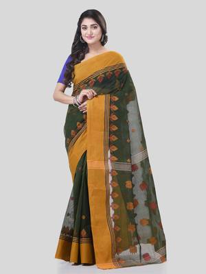 Green Woven Cotton Leaves Handloom-Sarees Without Blouse Piece 5
