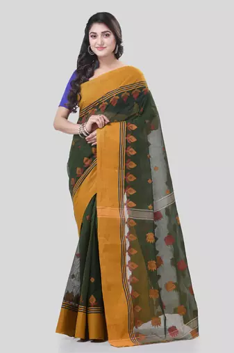 Green Woven Cotton Leaves Handloom-Sarees Without Blouse Piece