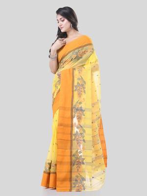 Yellow Woven Cotton Paisley Handloom-Sarees Without Blouse Piece 3