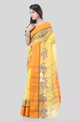 Yellow Woven Cotton Paisley Handloom-Sarees Without Blouse Piece