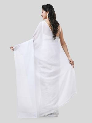 White Woven Cotton Solid Handloom-Sarees Without Blouse Piece 2