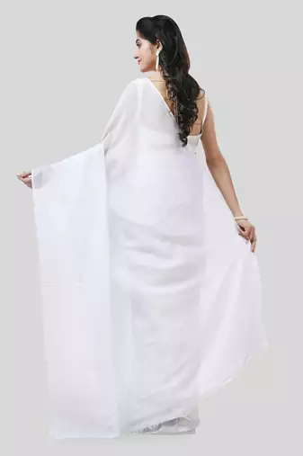 White Woven Cotton Solid Handloom-Sarees Without Blouse Piece