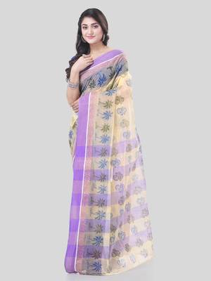 Purple woven cotton printed handloom-sarees with blouse piece 5