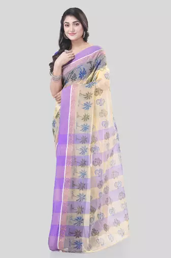 Purple woven cotton printed handloom-sarees with blouse piece