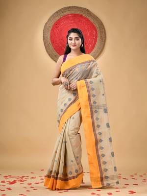 Peach Woven Cotton Leaves Handloom-Sarees Without Blouse Piece 1