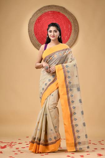 Peach Woven Cotton Leaves Handloom-Sarees Without Blouse Piece