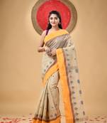 Peach Woven Cotton Leaves Handloom-Sarees Without Blouse Piece