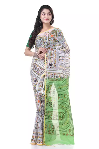 White woven cotton warli handloom-sarees with blouse piece