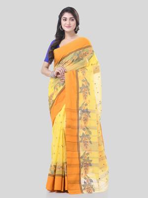 Yellow Woven Cotton Paisley Handloom-Sarees Without Blouse Piece 5