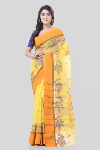 Yellow Woven Cotton Paisley Handloom-Sarees Without Blouse Piece