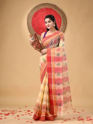 Red woven cotton printed handloom-sarees with blouse piece 1