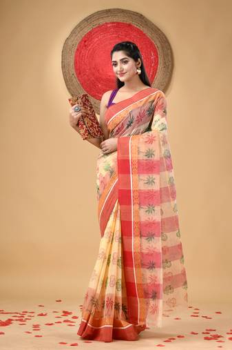Red woven cotton printed handloom-sarees with blouse piece