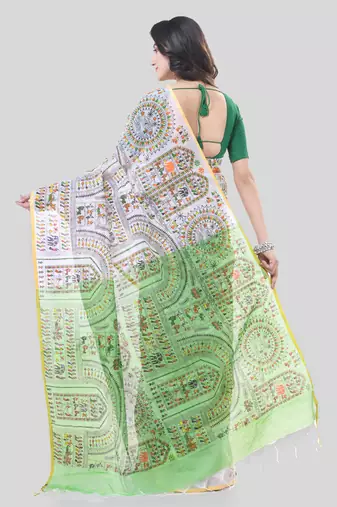 White woven cotton warli handloom-sarees with blouse piece