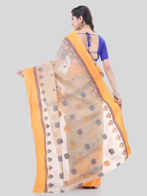 Peach Woven Cotton Leaves Handloom-Sarees Without Blouse Piece 2