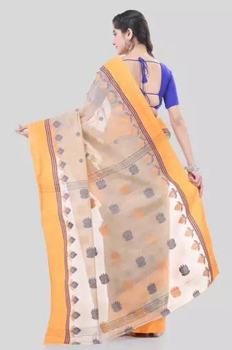 Peach Woven Cotton Leaves Handloom-Sarees Without Blouse Piece