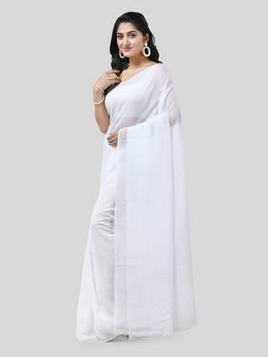 White Woven Cotton Solid Handloom-Sarees Without Blouse Piece 3