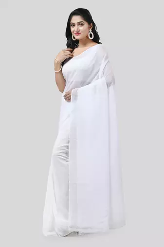 White Woven Cotton Solid Handloom-Sarees Without Blouse Piece