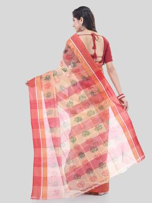 Red woven cotton printed handloom-sarees with blouse piece 2