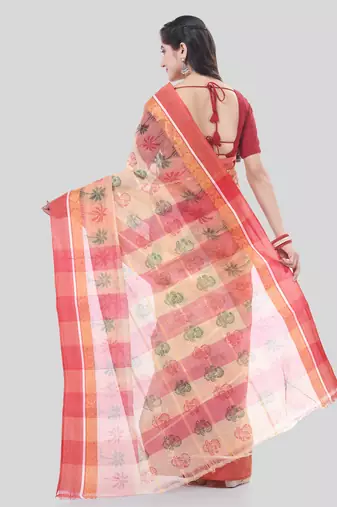 Red woven cotton printed handloom-sarees with blouse piece