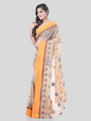 Peach Woven Cotton Leaves Handloom-Sarees Without Blouse Piece 3