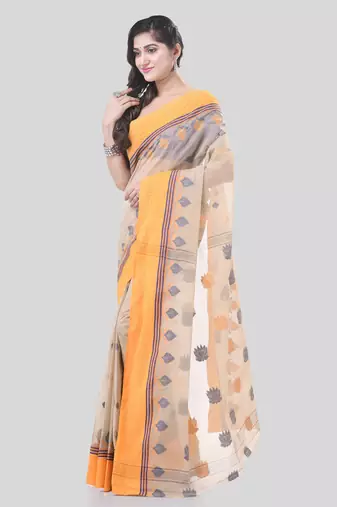Peach Woven Cotton Leaves Handloom-Sarees Without Blouse Piece