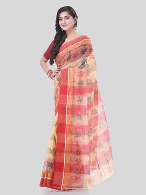 Red woven cotton printed handloom-sarees with blouse piece 3