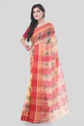 Red woven cotton printed handloom-sarees with blouse piece